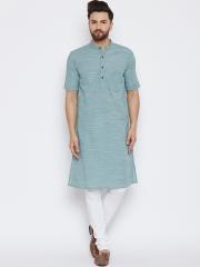 even Men Green Striped Straight Kurta