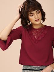 all about you Women Maroon Lace Solid Top