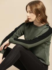 ether Women Olive Green Solid Pullover Sweatshirt