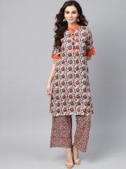 AKS Women White & Orange Printed Kurta with Palazzos