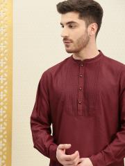 House of Pataudi Men Maroon Solid Straight Kurta