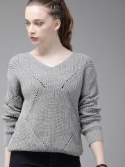 Roadster Women Grey Self Design Sweater