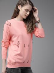 Roadster Women Peach-Coloured Solid Sweater