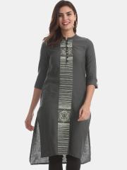 Karigari Women Grey Printed Straight Kurta