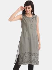 Karigari Women Grey Printed Straight Kurta
