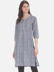 Karigari Women Grey Printed Straight Kurta
