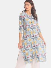 Karigari Women Grey Printed Straight Kurta