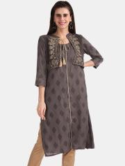 Karigari Women Grey Printed Straight Kurta With Jacket