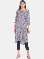 Karigari Women Grey Printed Straight Kurta