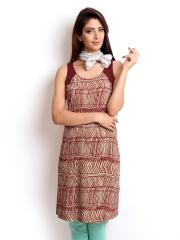 W Women Beige & Maroon Printed Kurta