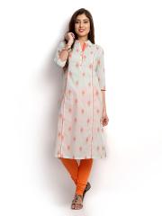 W Women White & Orange Printed Kurta