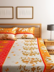 Dreamscape Off-White & Mustard Brown Cotton 144 TC Double Bedsheet with 2 Pillow Covers