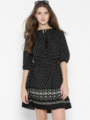 Sera Women Black Printed Elasticated Waist Dress with Tassel Tie-Up