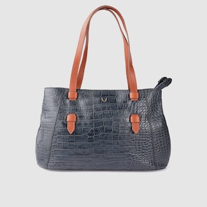 Hidesign Women Navy Blue & Brown Croc-Textured Leather Structured Shoulder Bag