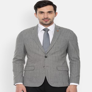 [Size 38, 40, 42] Allen Solly Sport Men Grey Striped Slim-Fit Single-Breasted Blazer