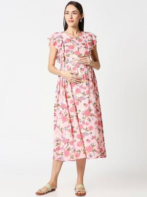AV2 Pink Floral Printed Maternity Midi Dress