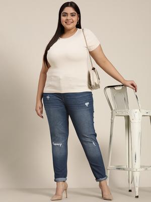 Sztori Women Plus Size Navy Blue Skinny Fit Low Distress Stretchable Jeans