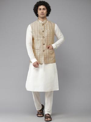 See Designs Men Golden Woven Jacquard Nehru Jacket