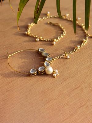 BeAbhika Gold Plated Pearls Chained Nosepin