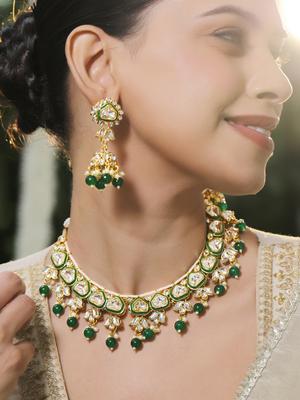Rubans 22K Gold Plated Handcrafted Kundan Studded Green Enamel & Pearl Beaded Necklace Set