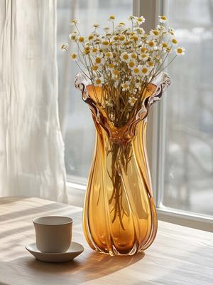 AARVI DECOR STUDIO Golden Honey Hand Blown Wavy Edge Large Glass Flower Vase