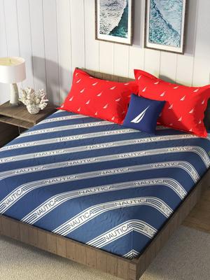 Nautica Blue & White Striped 160 TC Cotton King Bedsheet Set 2.74 M X 2.74 M