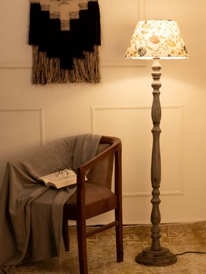 Green Girgit White & Grey Floral Printed Wooden Frustum Shaped Floor Lamp