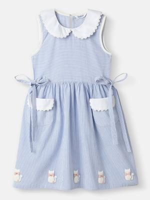 Nauti Nati Girl Cotton Peter Pan Collar Dress With Front Pockets And Cat Patches