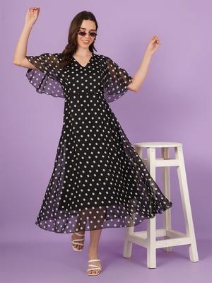 Curvydrobe Women Polka Dot Printed Flared Sleeve Georgette A-Line Maxi Dress