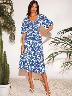 Stylecast X Slyck Floral Print Puff Sleeve Fit & Flare Midi Dress