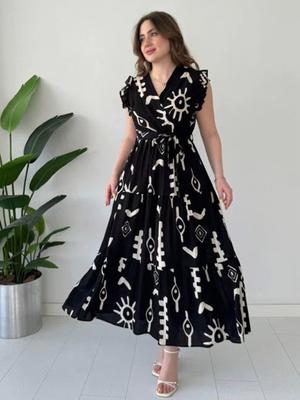 Tribal Print Flutter Sleeve Maxi Dress