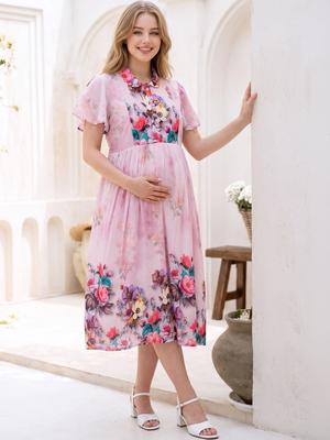 EASY MOM Floral Print Maternity A-Line Midi Dress