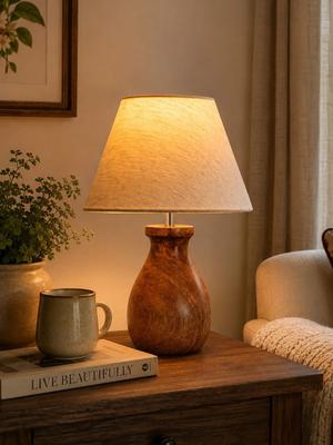 Decorcity Beige Wood Traditional Frusturical Shaped Table Lamp