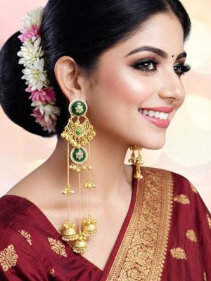 OOMPH Green Ghungroo Kashmiri Long Drop Jhumka Earrings