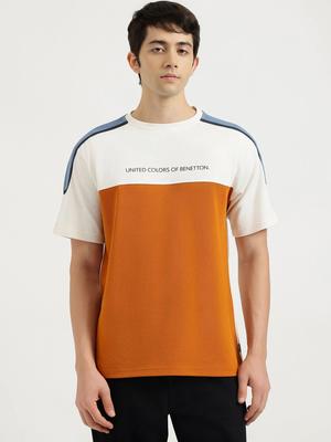 United Colors Of Benetton Men Brand Logo Colourblocked Pure Cotton Boxy T Shirt
