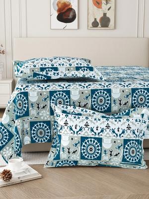 Homeful Style Blue & White 160 TC Queen Bedsheet With 2 Pillow Covers