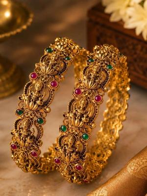 SUGARFRILL Temple Set Of 2 Ruby Pink & Green Lakshmi Bangles