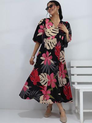 Libas Black Floral Printed Cotton A-Line One-Piece Dress