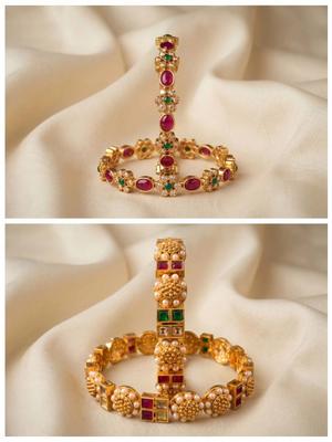 Nui Set Of 4 Gold Plated Stone Studded & Beaded Bangles