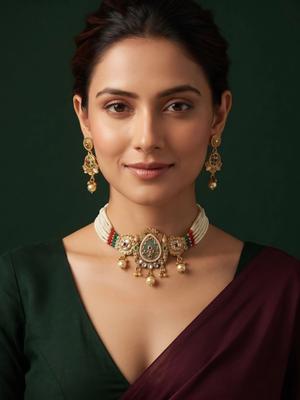 DURATI Gold Plated Enamelled Stone Studded & Beaded Necklace And Earrings
