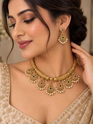 Dhanak Trinket Gold Plated Antique Cubic Zirconia Necklace And Earrings