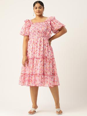 Antheaa Curve Plus Size Floral Printed Smocked Tiered Chiffon Midi Dress