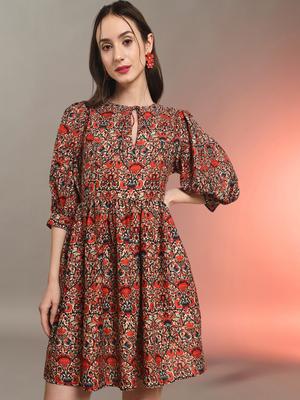 Trend Arrest Floral Printed KeyHole Neck Puff Sleeve Fit & Flare Dress