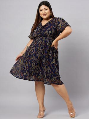 Antheaa Curve Plus Size Ethnic Motifs Printed Puff Sleeves Empire Dress