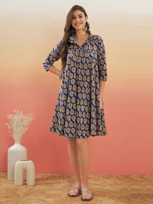 InWeave Paisley Printed Shirt Collar A- Line Dress