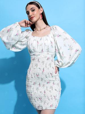 Tokyo Talkies Off White Floral Printed Long Puff Sleeve Smocked Sheath Dress