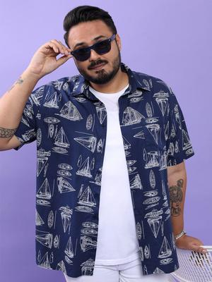 HIGHLANDER Men Plus Size Conversational Printed Spread Collar Cotton Casual Shirt