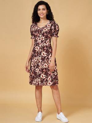 Honey by Pantaloons Floral Printed V-Neck Puff Sleeve Cotton Shirt Dress