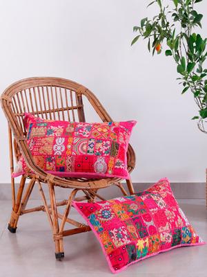 HANDICRAFT PALACE Pink & Green 2 Pieces Patchwork Embroidered Cotton Pillow Covers