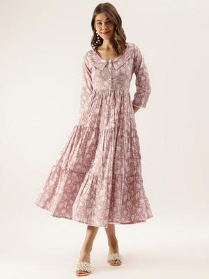 Divena Lavender Floral Printed Tiered Cotton Fit & Flare Midi Dress